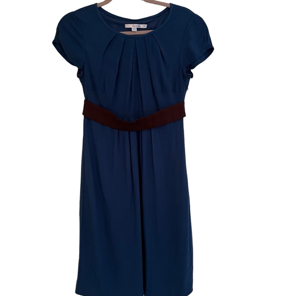 Boden Blue Short Sleeve Dress with Brown Fabric Belt 4R